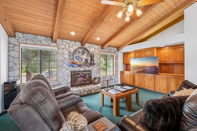 3048 Jason Rd, Fallbrook, CA 92028 - living room featuring dark carpet, wooden ceiling, a fireplace, and a ceiling fan