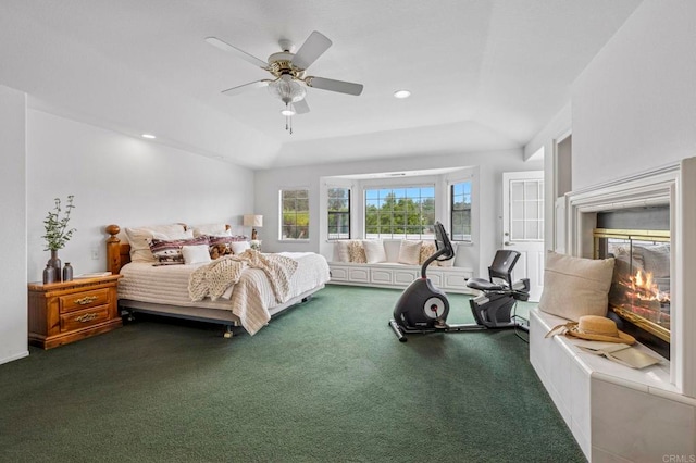 3048 Jason Rd, Fallbrook, CA 92028 - bedroom with carpet, a glass covered fireplace, a raised ceiling, a ceiling fan, and recessed lighting