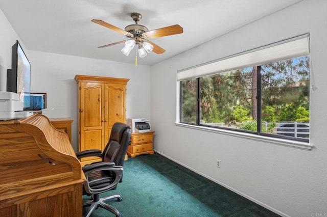 3048 Jason Rd, Fallbrook, CA 92028 - home office featuring dark colored carpet, a ceiling fan, and baseboards