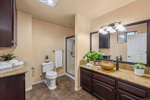 3048 Jason Rd, Fallbrook, CA 92028 - bathroom featuring vanity, a stall shower, toilet, baseboards, and tile patterned flooring