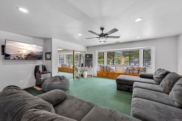 3048 Jason Rd, Fallbrook, CA 92028 - carpeted living area featuring a ceiling fan, a textured ceiling, and recessed lighting