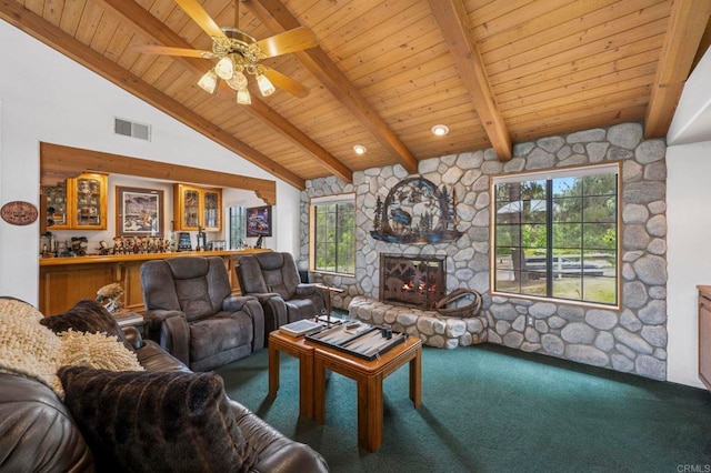 3048 Jason Rd, Fallbrook, CA 92028 - carpeted living room featuring a stone fireplace, wood ceiling, and a ceiling fan