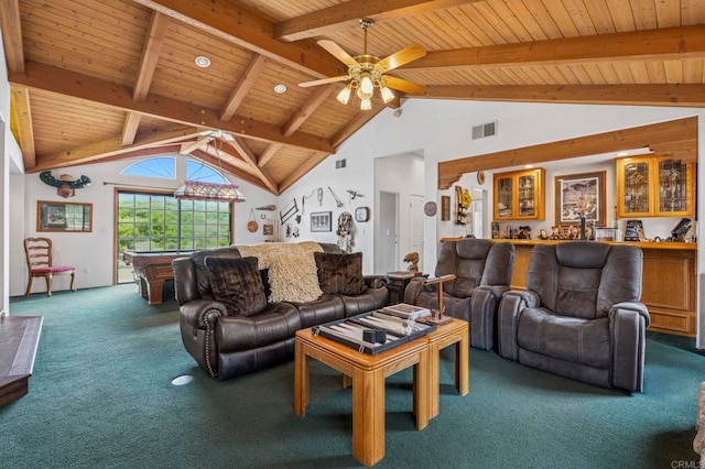 3048 Jason Rd, Fallbrook, CA 92028 - living area with carpet, wooden ceiling, billiards, and a ceiling fan