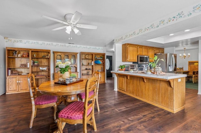 3048 Jason Rd, Fallbrook, CA 92028 - dining space with a chandelier, dark wood-type flooring, ceiling fan, and recessed lighting