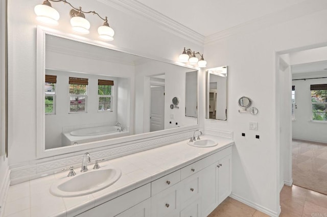 2705 Plumeria Dr, Carlsbad, CA 92009 - bathroom featuring double vanity, tile patterned flooring, ornamental molding, and a sink