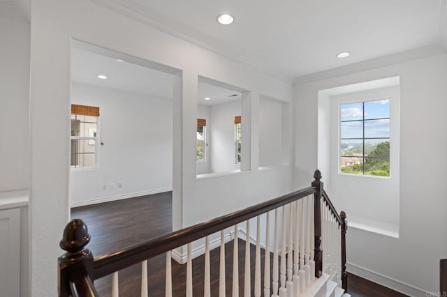 2705 Plumeria Dr, Carlsbad, CA 92009 - corridor featuring baseboards, an upstairs landing, recessed lighting, and dark wood-style floors