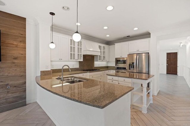 2705 Plumeria Dr, Carlsbad, CA 92009 - kitchen with a sink, a peninsula, stainless steel appliances, open shelves, and custom exhaust hood