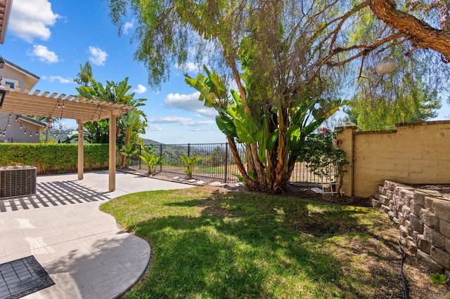 2705 Plumeria Dr, Carlsbad, CA 92009 - view of yard with a pergola, a patio, central air condition unit, and a fenced backyard