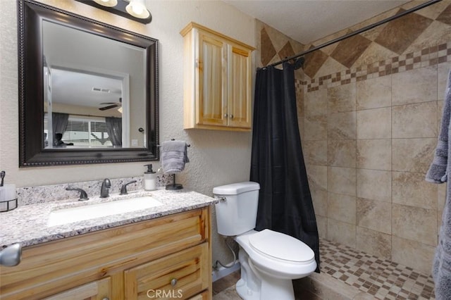 150020 Bluewater Rd, Big River, CA 92242 - bathroom with toilet, tiled shower, vanity, and a textured wall