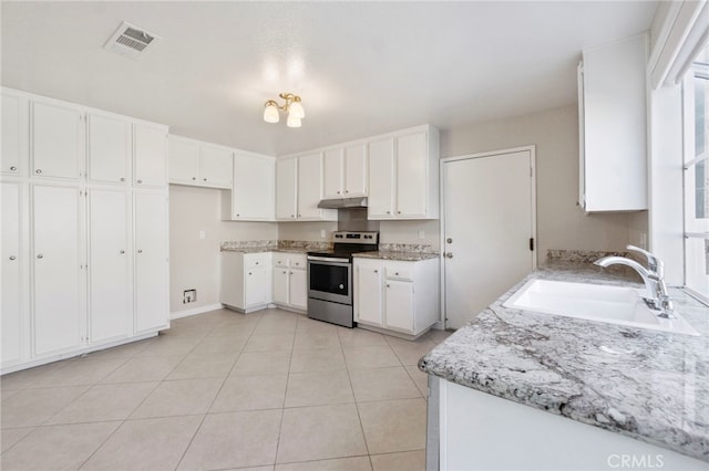 kitchen with a sink, visible vents, under cabinet range hood, white cabinetry, and electric range