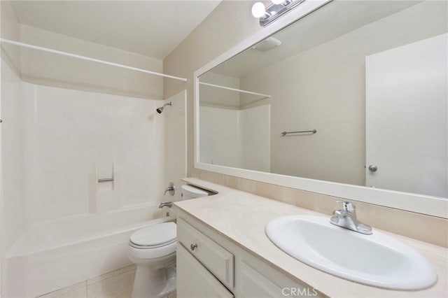 bathroom featuring tile patterned flooring, toilet, shower / bathtub combination, and vanity