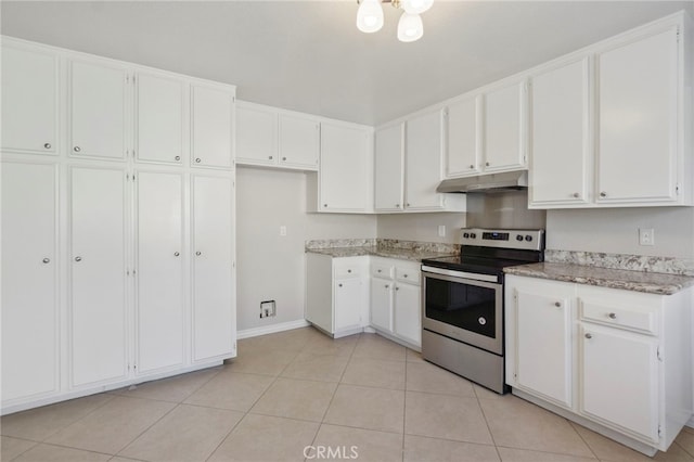 kitchen with white cabinetry, under cabinet range hood, and stainless steel electric stove