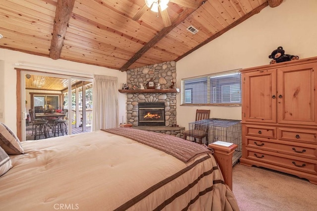 bedroom featuring visible vents, wood ceiling, access to outside, light carpet, and vaulted ceiling with beams