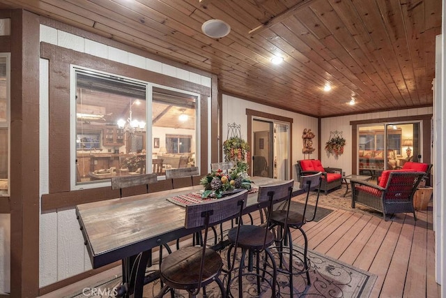dining area featuring wooden ceiling and hardwood / wood-style floors