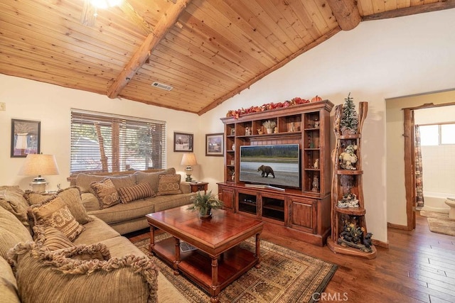 living area featuring hardwood / wood-style floors, vaulted ceiling with beams, visible vents, baseboards, and wooden ceiling