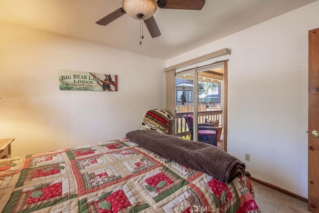 bedroom with access to exterior, ceiling fan, and carpet floors