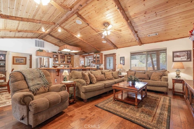 living room featuring a ceiling fan, wood-type flooring, visible vents, and wooden ceiling