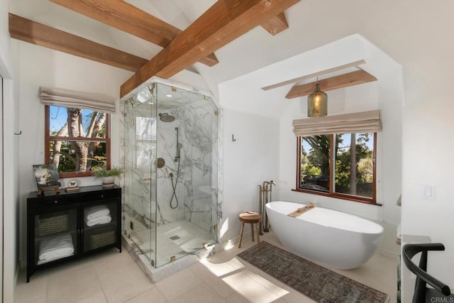 full bath featuring a marble finish shower, tile patterned floors, a soaking tub, and beam ceiling