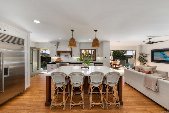 kitchen with plenty of natural light, high quality appliances, premium range hood, and light wood-style floors