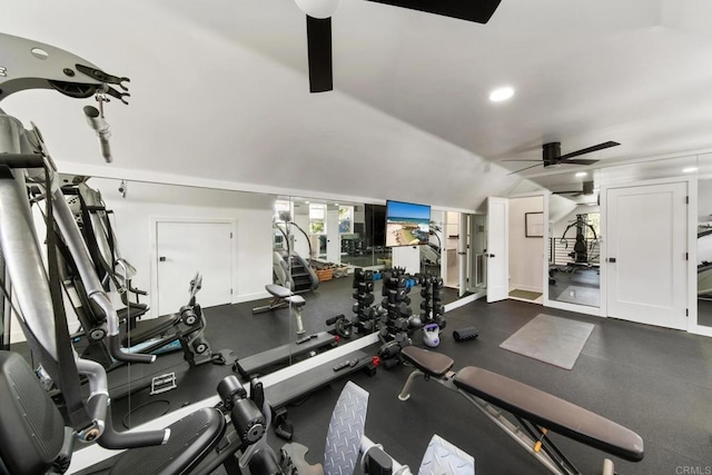 gym with vaulted ceiling, ceiling fan, and recessed lighting