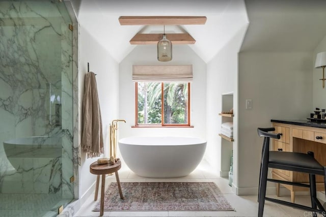 full bathroom with lofted ceiling with beams, vanity, a marble finish shower, tile patterned flooring, and a freestanding bath