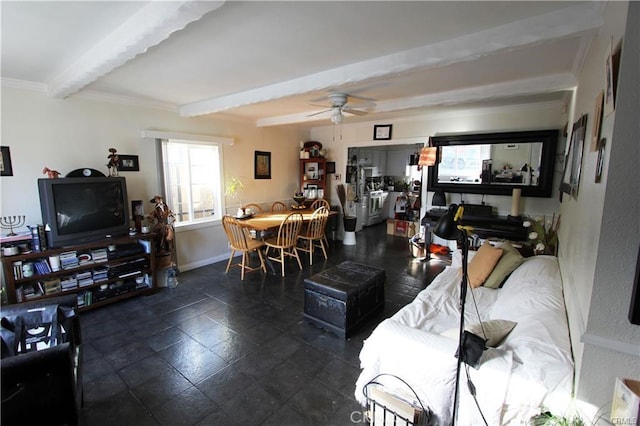 living room featuring baseboards, ceiling fan, ornamental molding, and beam ceiling