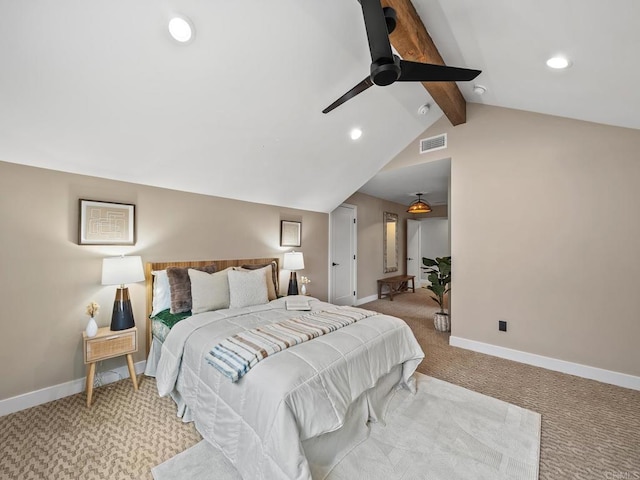 bedroom with light carpet, lofted ceiling with beams, baseboards, and visible vents