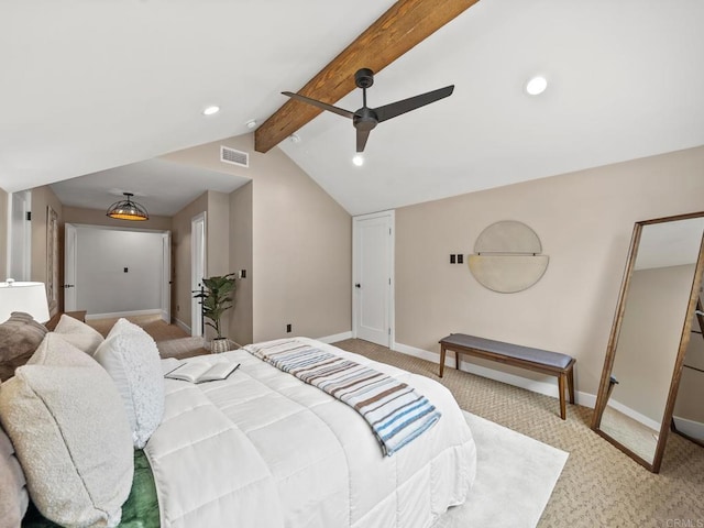 carpeted bedroom with a ceiling fan, lofted ceiling with beams, visible vents, baseboards, and recessed lighting