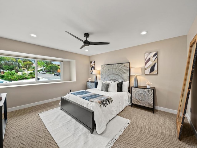 carpeted bedroom with baseboards, a ceiling fan, and recessed lighting