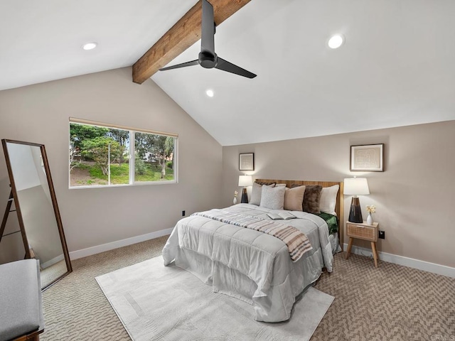 carpeted bedroom with baseboards, lofted ceiling with beams, and recessed lighting