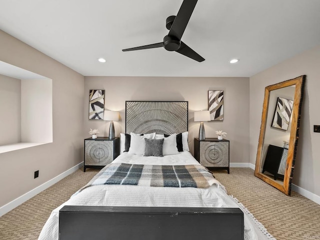 bedroom featuring baseboards, ceiling fan, carpet flooring, and recessed lighting