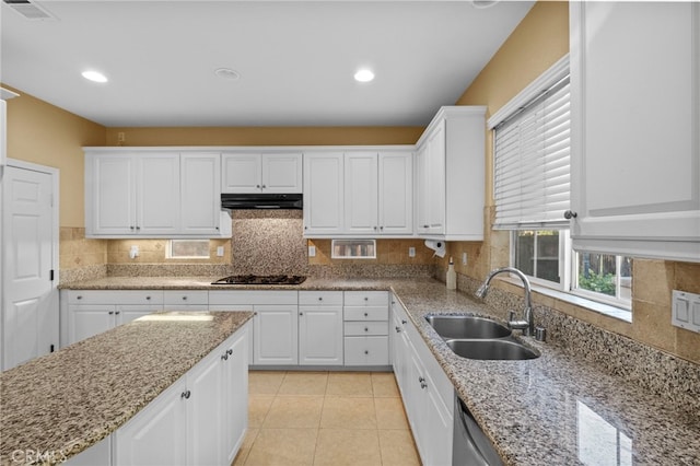 11151 Tesota Loop St, Corona, CA 92883 - kitchen featuring a sink, ventilation hood, black cooktop, white cabinets, and recessed lighting