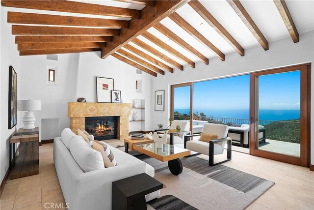 2516 Temple Hills Dr, Laguna Beach, CA 92651 - living room with a fireplace, a water view, and light tile patterned flooring