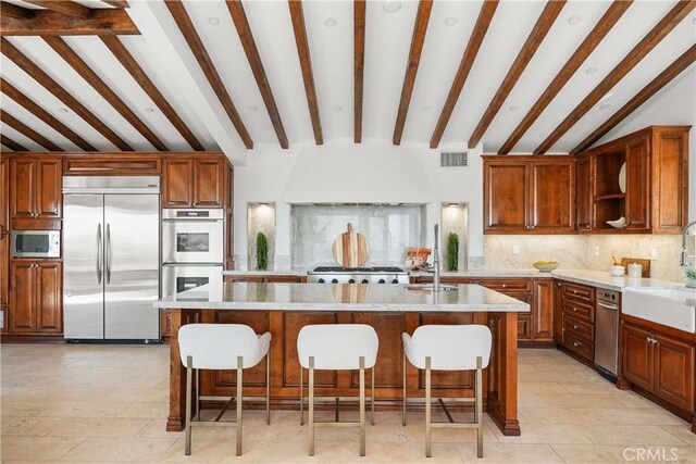 2516 Temple Hills Dr, Laguna Beach, CA 92651 - kitchen with appliances with stainless steel finishes, open shelves, a sink, light countertops, and decorative backsplash