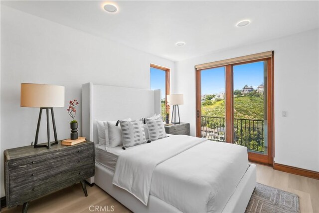 2516 Temple Hills Dr, Laguna Beach, CA 92651 - bedroom featuring access to exterior, light wood finished floors, baseboards, and recessed lighting