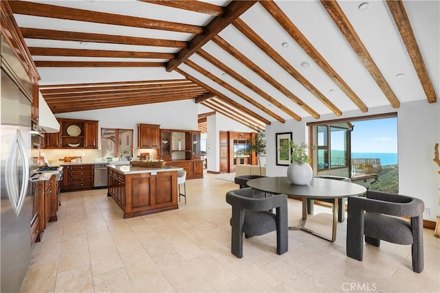 2516 Temple Hills Dr, Laguna Beach, CA 92651 - dining area featuring high vaulted ceiling and beamed ceiling