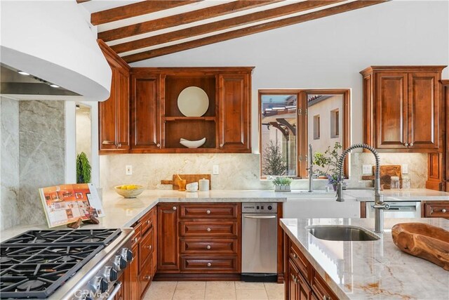 2516 Temple Hills Dr, Laguna Beach, CA 92651 - kitchen featuring exhaust hood, cooktop, a sink, light stone countertops, and backsplash