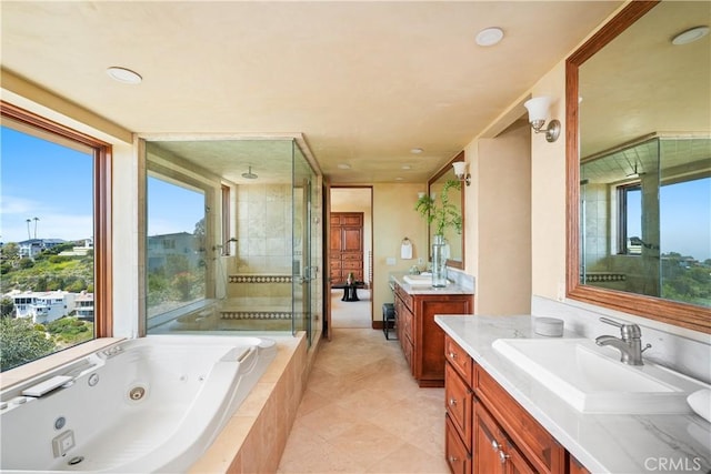 2516 Temple Hills Dr, Laguna Beach, CA 92651 - full bathroom with a shower stall, two vanities, a tub with jets, and plenty of natural light