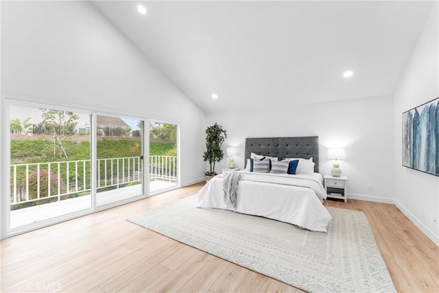 5431 Via Ontiveros, Yorba Linda, CA 92887 - bedroom featuring light wood finished floors, recessed lighting, high vaulted ceiling, and access to exterior