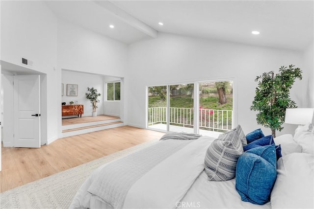 5431 Via Ontiveros, Yorba Linda, CA 92887 - bedroom featuring visible vents, high vaulted ceiling, wood finished floors, beamed ceiling, and access to exterior
