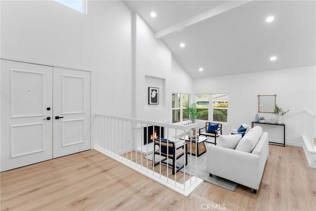 5431 Via Ontiveros, Yorba Linda, CA 92887 - living area featuring beam ceiling, high vaulted ceiling, recessed lighting, and wood finished floors