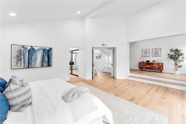 5431 Via Ontiveros, Yorba Linda, CA 92887 - bedroom featuring recessed lighting, baseboards, visible vents, high vaulted ceiling, and wood finished floors