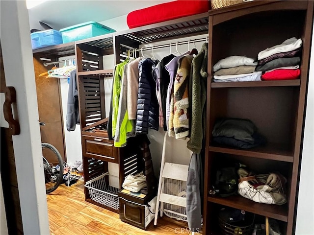 walk in closet with wood finished floors