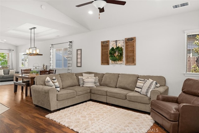 living room with recessed lighting, visible vents, a ceiling fan, and dark wood-style floors