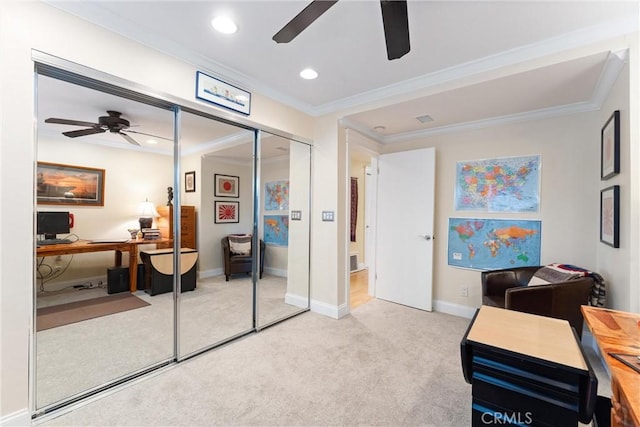 2245 Avenida Salvador, San Clemente, CA 92672 - carpeted office space with ceiling fan, ornamental molding, baseboards, and recessed lighting