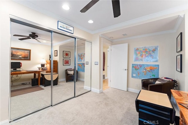 2245 Avenida Salvador, San Clemente, CA 92672 - home office with a ceiling fan, crown molding, carpet, and recessed lighting