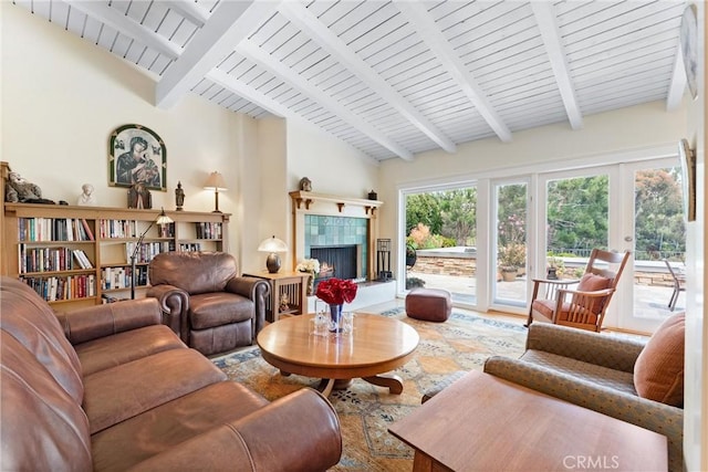 2245 Avenida Salvador, San Clemente, CA 92672 - living room featuring high vaulted ceiling, a tiled fireplace, and a wood ceiling with exposed beams