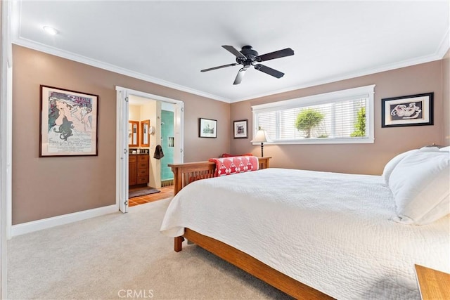 2245 Avenida Salvador, San Clemente, CA 92672 - bedroom featuring ornamental molding, light carpet, ensuite bathroom, and ceiling fan