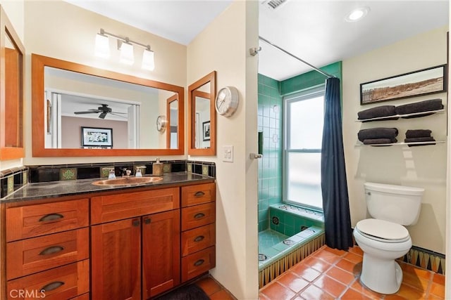 2245 Avenida Salvador, San Clemente, CA 92672 - full bathroom with toilet, a tile shower, vanity, tile patterned floors, and ceiling fan
