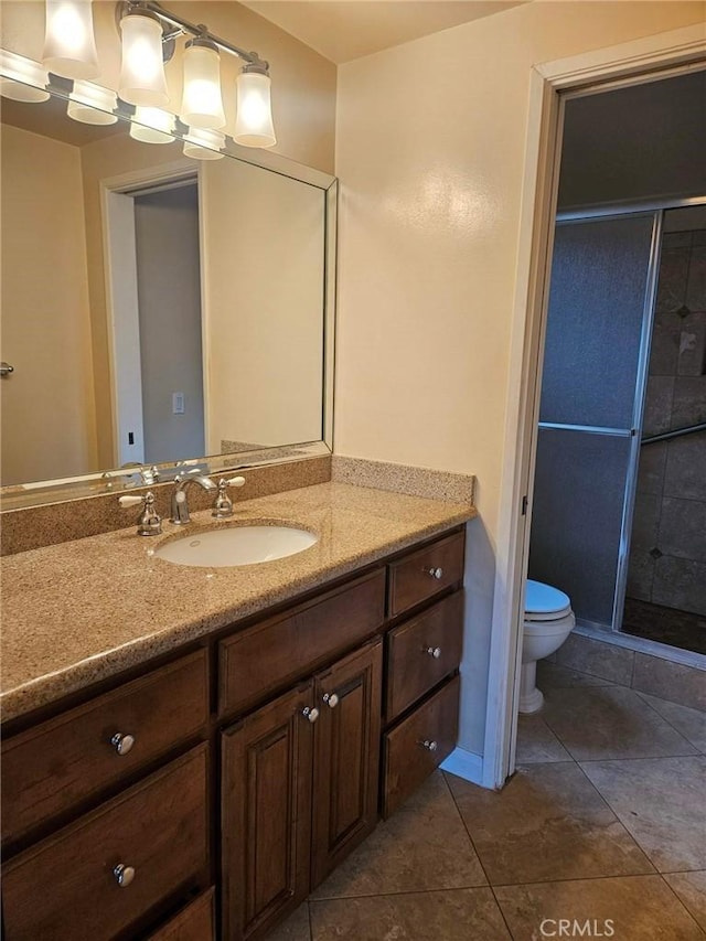 full bath with toilet, tile patterned floors, vanity, and a stall shower